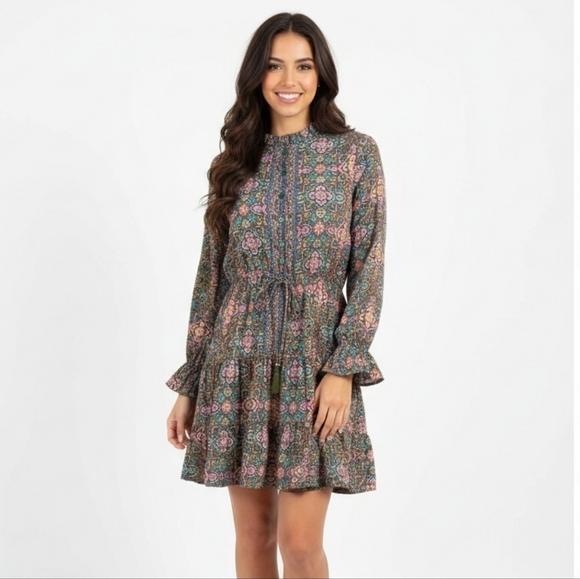 Black Label Dresses & Skirts - Slayer Black Label Paisley Print Ruffle Dress Long Sleeve Elastic Tie Waist